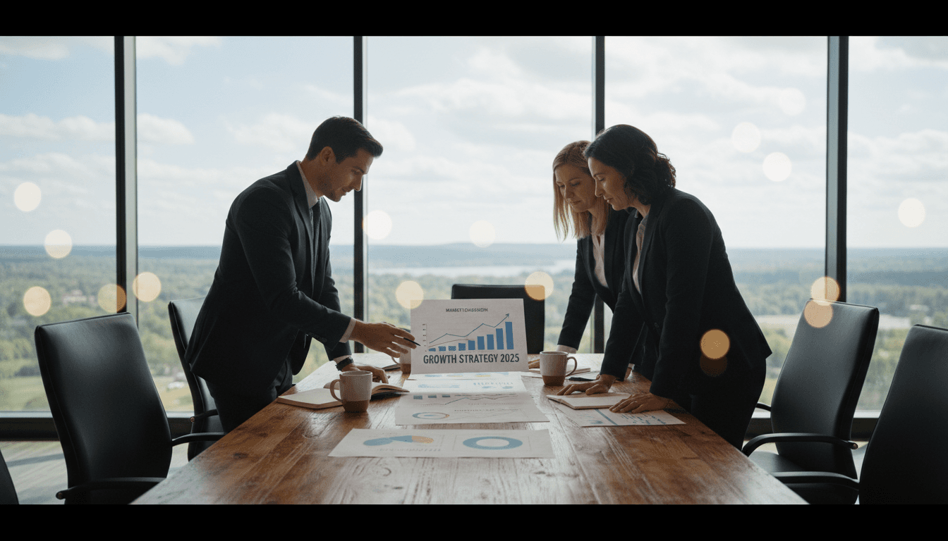 Strategic planning session with growth strategy documents and analysis