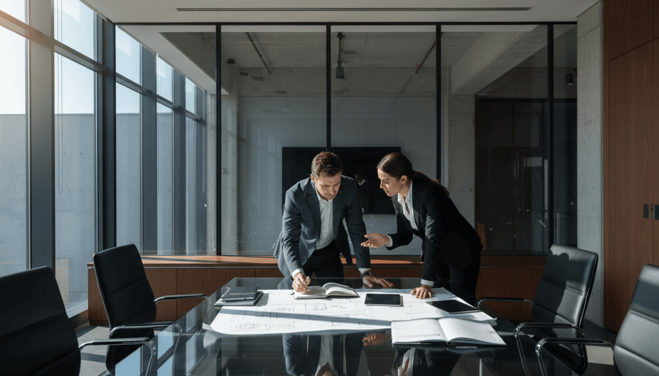 Automotive suppliers discussing strategy over technical documents in a modern conference room