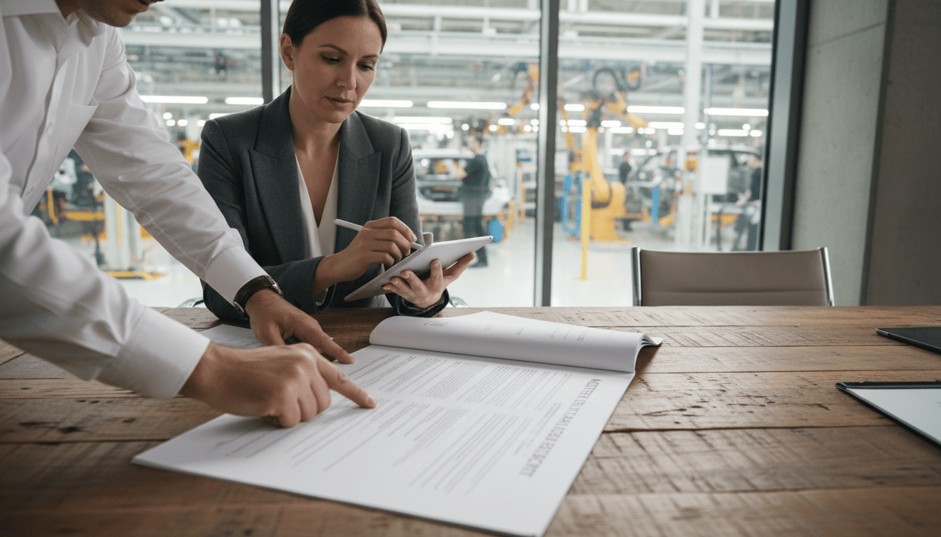 Two automotive supply chain executives reviewing contract negotiations at a conference table